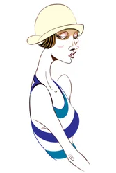 Modèle avec un chapeau cloche et un haut rayé bleu